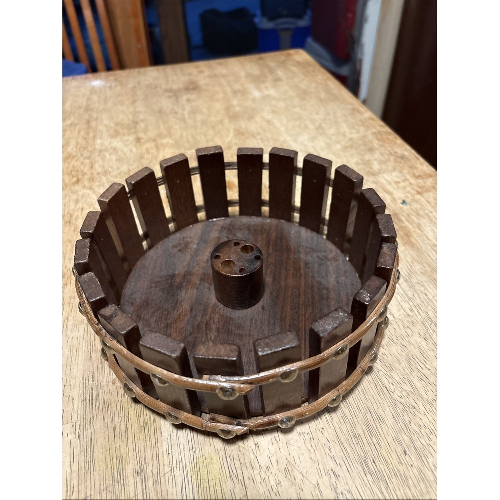 Vintage Wood and Rivets Nut Bowl Basket Brown 8 Inch Circular Kitchen Decor